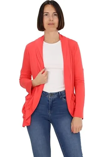 Easy Young Fashion Damen Cardigan - Open Front Jäckchen locker geschnitten, bequem und trendy mit Seitentaschen - leichte dünne Langarm Basic Jacke 728 - (Coral 34-40)