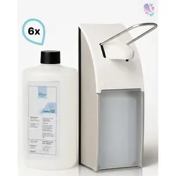 SET: Armhebelspender aus Edelstahl mit 6x 0,5-Liter Desinfektionsmittel - Praktisches Set für hygienische Anwendungen! Der elegante Edelstahlspender ist leicht zu bedienen und bietet eine sichere Dosierung. Inklusive 6 Flaschen Desinfektionsmittel für die tägliche Reinigung.