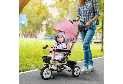 HOMCOM Dreirad für Kinder mit Sicherheitsgurt und Schubstange, Rosa - Dreirad für 1-5 Jahre, vielseitig nutzbar als Laufrad oder Pedalfahrrad. Mit sicherem Zweipunktgurt und abnehmbarem Sonnendach für optimalen UV-Schutz.