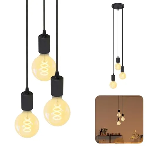 SSC-LUXon PARU Hängeleuchte 3-flammig Retro - Industrial Style Pendellampe mit Textilkabel inkl. Globe E27 Filament LED Leuchtmittel