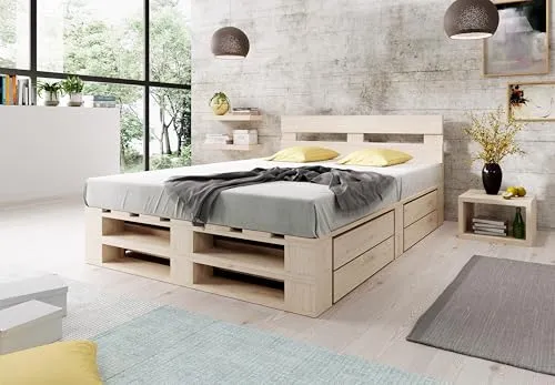 Lermowood Palettenbett M2 aus Holz 160 x 200 cm Natur mit Kopfteil und 2 Bettkästen Holzbett 40cm Stabiles Seniorenbett Kinderbett Jugendbett Gästebett erhöhtes Bettgestell Futon Komforthöhe Naturholz