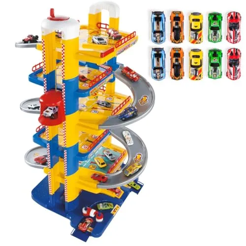 MOLTO | 6 Stockwerke Parkhaus für Kinder mit Garage, Rampen, Leinen, Aufzug, Tankstelle und Bohrung | Beinhaltet 10 Autos | Kinderspielzeug | + 3 Jahre