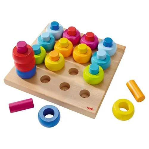 HABA 2202 - Steckspiel Farbkringel - Motorikspielzeug für kleine Farbenfreunde! Bunte Stecker und Ringe fördern die Kreativität und ermöglichen verschiedene Steckvarianten sowie das Stapeln.