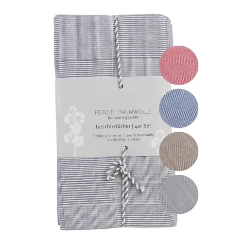 liebling 4er Pack Polier- und Geschirrtücher, Jacquard gewebt, 100% Baumwolle, robust und saugstark, schnelltrocknend, 50 x 70 cm, Farbe: Silber