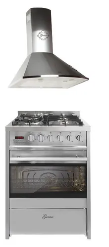 GURARI Gas-Standherd 60 cm Edelstahl Gasherd mit Elektrobackofen 60 L Range Coocker mit Dunstabzugshaube 60 cm, Edelstahl, Saugstark 1000m³/h GCH E 610 X+GCH 046 IS 6., mit 1-fach-Teleskopauszug