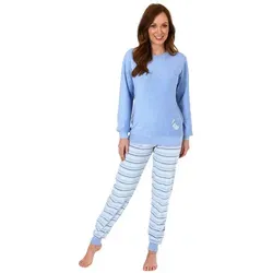 Normann Pyjama Damen Frottee Pyjama mit Bündchen und Mond und Sterne Applikation blau 36/38