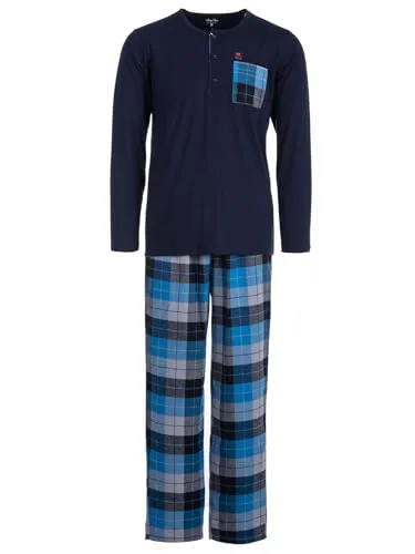 Henry Terre Herren Pyjama Carlo Langarm Schlafanzug mit Karo Muster in Navy, Größe L
