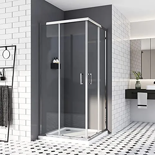 Duschkabine 90 x 90 cm,Doppel Schiebetür Eckeinstieg Duschabtrennung Eckdusche Duschtür 6mm ESG icherheisklarglas NANO Beschichtet Höhe 185cm