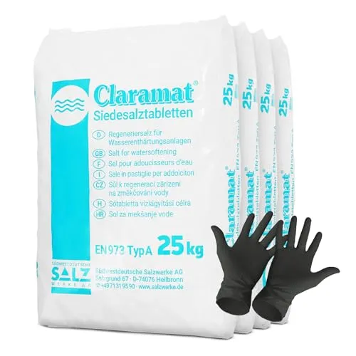 Claramat Siedesalz Tabletten 4 x 25kg - Chlorersatz: Hochwertige Siedesalztabletten für Wasserenthärter, verlängern die Lebensdauer Ihrer Geräte und verhindern Kalkablagerungen. Inklusive 1 Paar ARNOMED Einweghandschuhe.