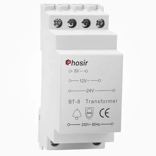 Phosir Klingeltrafo 8-24V - Klingeltrafo Trafo 230V AC Eingaben, 8V 12V 24V/AC Ausfuhren, Türklingel für Türklingeln, Passt auf 35mm Schiene, Klingeltraffo für Max 8VA, Unterstützt Mehrere Ausgänge