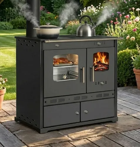 Prometey Gartenkamin Outdoor-Küchenofen ECO LUX INOX, linke Version schwarz - Hochwertiger Gartenkamin aus Edelstahl, ideal für gemütliche Abende im Freien. Robuste Bauweise und modernes Design für eine stilvolle Atmosphäre.
