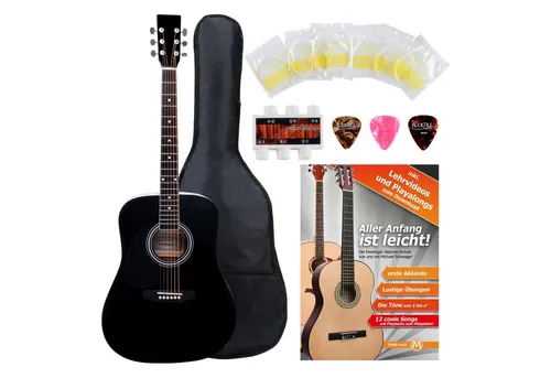 Classic Cantabile Westerngitarre für Linkshänder Starter-SET - Komplettes Gitarrenset für Linkshänder im Dreadnought-Style, inkl. Zubehör wie Tasche und Notenheft für Anfänger, ideal für den Einstieg in die Musik.