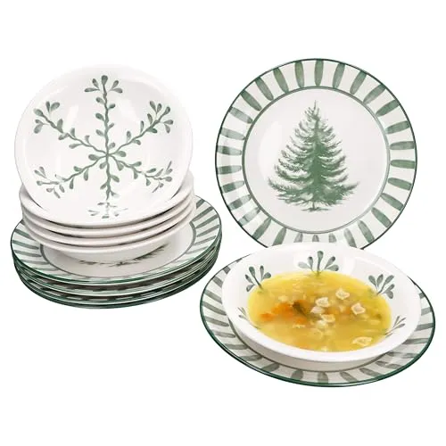 MamboCat Tafelservice 12tlg Wald grün für 6 Personen - Tafelservice aus robustem Steingut für festliche Anlässe. Mit filigranem Tannenbaum-Motiv und spülmaschinenfest, ideal für Weihnachten.