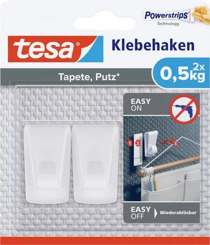 Tesa Klebehaken für Tapeten & Putz - selbstklebender Haken für Dekoration - Der tesa Klebehaken bietet eine einfache Lösung zum Befestigen von Girlanden und Lichterketten ohne Bohren. Mit bis zu 0,5 kg Halteleistung ist er ideal für dekorative Anwendungen auf Tapeten und Putz. Spurlos wieder entfernbar!