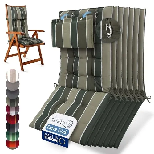 Beautissu 7er Set Premium Hochlehner Auflage Kopfpolster 120x50cm Sun-HL – 8cm Dick Polster Gartenstuhlauflage rutschfest Befestigungsbänder UV-Lichtechtheit 5 – Robust Stoff Grün gestreift