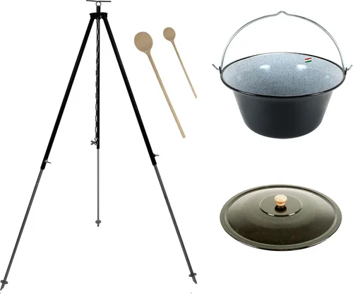 Gulaschkessel 15L mit Deckel und 180 cm Dreibein in schwarz von Grillplanet