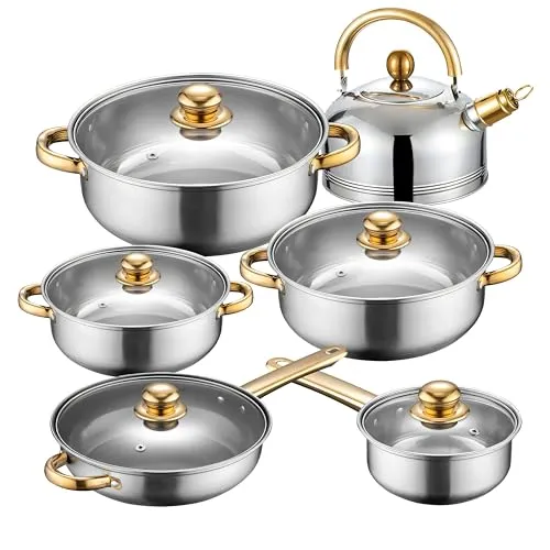 Retoo Topfset 12-teilig Edelstahl - Kochtöpfe mit Glasdeckel und goldenen Griffen, spülmaschinenfest und ideal für stressfreies Kochen in jeder modernen Küche.