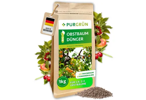 Purgrün Bio Obstbaum Dünger NPK 6+3+8, 1 kg - Obstdünger für biologischen Anbau, fördert Fruchtreife und gesunde Wurzeln durch magnesiumreiche Formel und hohe Kaliumkonzentration.
