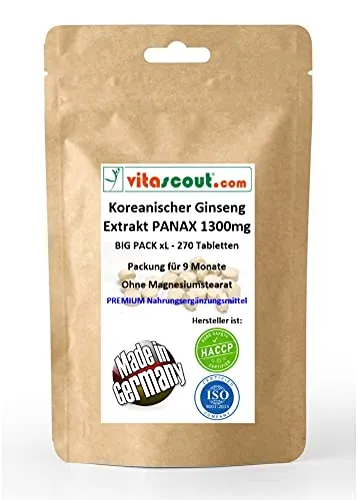 Koreanischer Ginseng PANAX Extrakt 1300mg – Vegan & Hochdosiert, 270 Tabletten