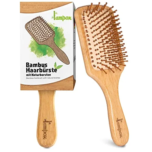 lampox - Bambus Haarbürste Holz mit Naturpins, Paddle Brush, Pins aus Bambus, Entwirrbürste, Detangler, antistatisch, Anti-Frizz, Lockenbürste, Holzbürste, Haarbürsten