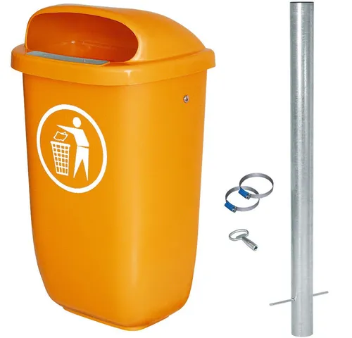 BRB Abfallbehälter für den Außenbereich 50L - Komplettset mit verzinktem Rohrpfosten - Haushaltszubehör: Robuster Abfallbehälter nach DIN 30713 mit einfacher Entleerung und langlebigem Polyethylen-Kunststoff, ideal für öffentliche Plätze.