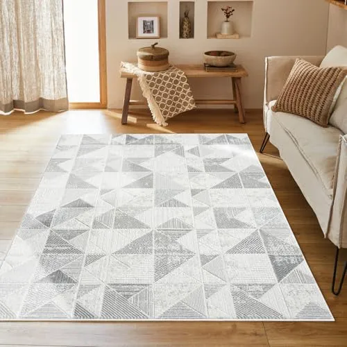 payé Teppich Wohnzimmer Grau 120x170 cm - Kurzflor, Klassisch Modern mit Geometrischem Muster