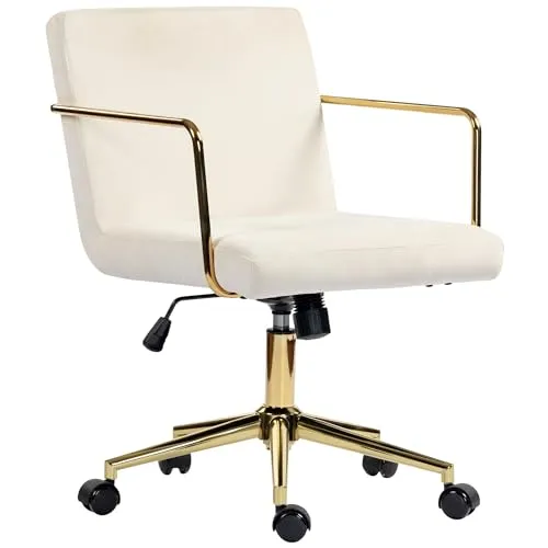 HOMCOM Bürostuhl aus Polyester mit Stahlgestell – Cremeweiß - Genießen Sie eleganten Komfort im Büro mit diesem höhenverstellbaren Schreibtischstuhl. Der samtweiche Bezug und die goldenen Armlehnen sorgen für Stil, während die Kippfunktion und der dichte Schaumstoff für langanhaltende Entspannung sorgen.