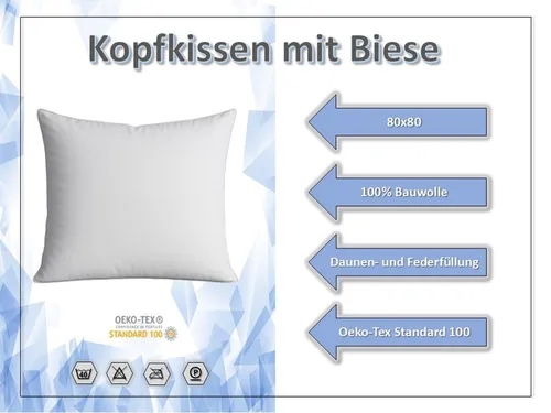 Federkissen Kopfkissen Kissen Pralle Füllung 1500g 95% Federn Top Qualität 80x80