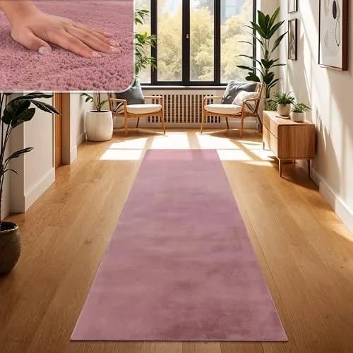 Paco Home Teppich Wohnzimmer Kunstfell weich waschbar modern elegant pflegeleicht Felloptik Uni Seidenglanz flauschig Kurzflor, Grösse:80x150 cm, Farbe:Lila Rosa