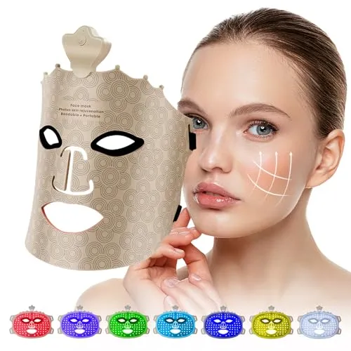 USUIELIGHT LED Gesichtsmaske mit Rotlichtlampe, 7-Farben LED lichttherapie Maske für Gesicht und Haut, Pflegegerät für alle Hauttypen Gesichtsschönheit Straffung Verjüngung Braun