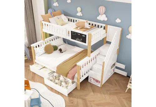 xixiworkshop Kinder-Etagenbett mit Tafel und Schubladen - Multifunktionales Kinderbett aus robustem Kiefernholz, mit sicherem Schutzgeländer und cleveren Stauraumlösungen für ein kreatives und ordentliches Kinderzimmer.