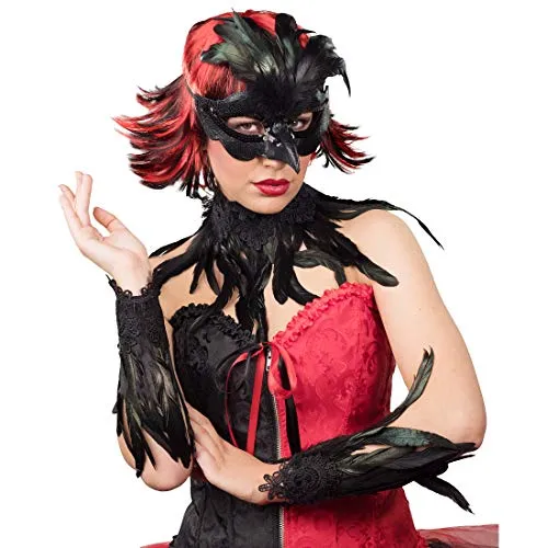NET TOYS Edles Raben-Set mit echten Federn - Schwarz - Außergewöhnliche Damen-Accessoires mit Augenmaske, Choker, Armstulpen - Passend gekleidet für Karneval & Mottoparty
