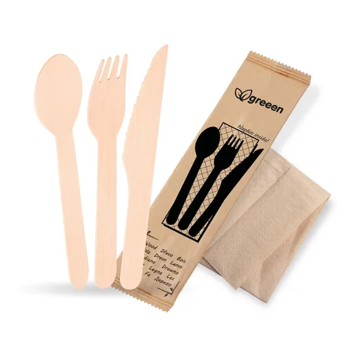 VEPATIM 500 Einweg Bestecksets aus Holz kompostierbar 4-teilig Gabel Messer Löffel Serviette hygienisch verpackt 50 Sets