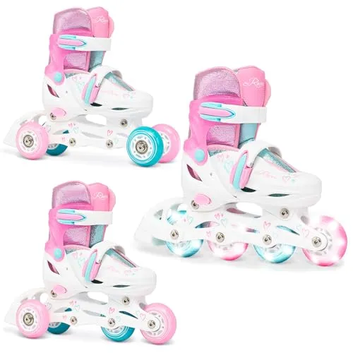 RAVEN 3in1 Inline Skates Triskates Rollschuhe Inliner für Kinder Mädchen verstellbar (Loret Glitter White/Mint/Pink, 27-30 (16,5cm-18,5cm))