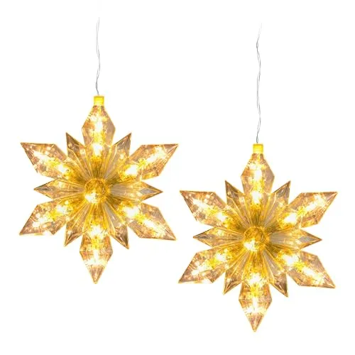 Spetebo LED Schneeflocke zum Hängen 23 cm mit Timer - 2er Set - Weihnachtsstern warm weiß beleuchtet Batterie betrieben - Stern für Weihnachten Advent Winter Fenster Deko