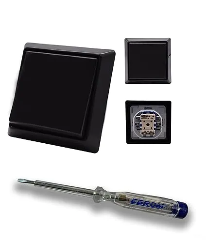 Busch Jäger Allwetter44 Komplett Set mit Taster Tastschalter 2020US IP44 (spritzwassergeschützt) mit Wippe, 1-fach Rahmen anthrazit und EBROM Phasenprüfer zur Montage des Schalters 2020 US