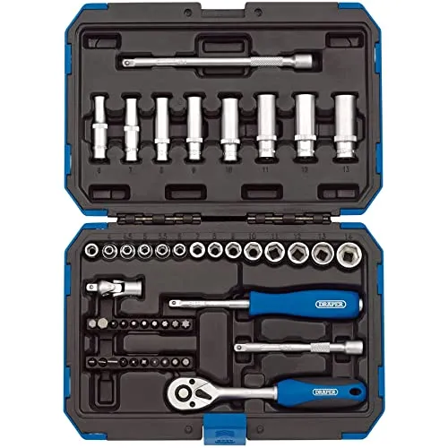 Draper 16355 Metrischer Steckschlüsselsatz, 1/4 Zoll, Vierkantantrieb, 47-teilig, blau/schwarz