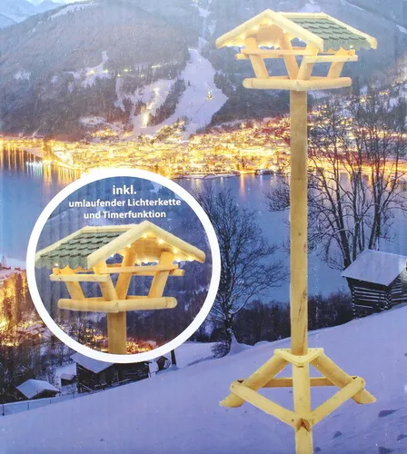 Vogelfutterhaus mit LED-Beleuchtung - Vogelhaus mit 25 LED-Lichtern, ideal für die Fütterung von Vögeln bei Nacht. Mit Timerfunktion für 6/18 Stunden, aus robustem Holz gefertigt, Höhe 120 cm.