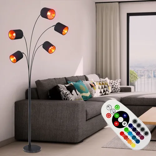 Stehleuchte schwarz gold mit Fernbedienung - Elegante Stehlampe im klassischen Design, schwenkbare Lampenschirme und dimmbare RGB LED Leuchtmittel für stimmungsvolle Beleuchtung im Wohnzimmer.