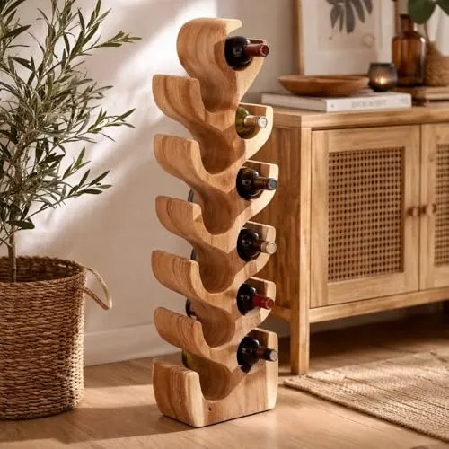 LEBENSwohnART Weinregal BOTOL-L aus massivem Suar Holz - Weinregal, handgefertigt aus Suar Holz, bietet Platz für 0,75l Flaschen. Ein einzigartiges Unikat ohne Aufbau - ideal für Weinliebhaber.