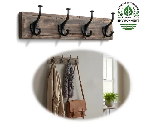 LS-LebenStil Wandgarderobe Vintage Teakholz mit 4 Haken - Stilvolle Wandgarderobe aus nachhaltigem Teakholz mit 4 stabilen Gusseisen-Doppelhaken. Ideal für Mäntel und Jacken, sorgt für Ordnung im Flur.
