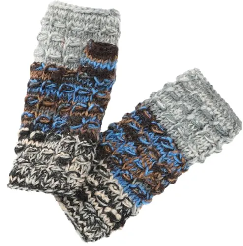 GURU SHOP Handstulpen, Gestrickte Wollstulpen aus Nepal - Grau/blau, Herren/Damen