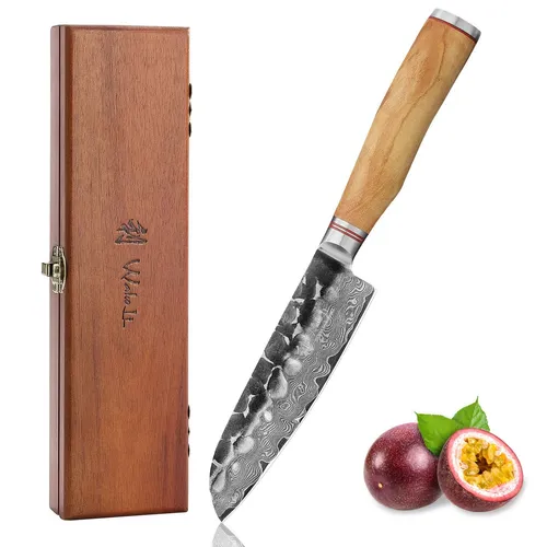 Wakoli Damast Kleines Santokumesser – Oliven HS-Serie - Küchenmesser aus hochwertigem Damaststahl mit einem eleganten Griff aus Olivenholz, ideal für präzises Schneiden von Fisch, Fleisch, Gemüse und Obst.