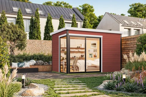 Gartenhaus Blockhaus Pultdach 44 mm Austin 2 rot - Gartenhaus aus robustem Holz mit 44 mm Wandstärke, abschließbar und mit isolierverglasten Fenstern für optimale Sicherheit und Komfort.