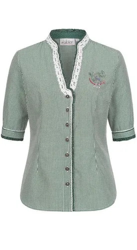 Nübler Trachtenbluse Damen - Kurzarm V-Ausschnitt in Grün - Trachtenbluse für Damen im klassischen Trachtenlook mit aufwendigen Details und modischem V-Ausschnitt, ideal kombinierbar für Hochzeiten und Feiern.