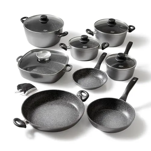 STONELINE Topfset Induktion 13-teilig - Kochtopf Set mit echter Steinpartikel-Beschichtung für fettfreies Braten, kratzfest und für alle Herdarten geeignet, inklusive Easy-Clean-Effekt für einfache Reinigung.