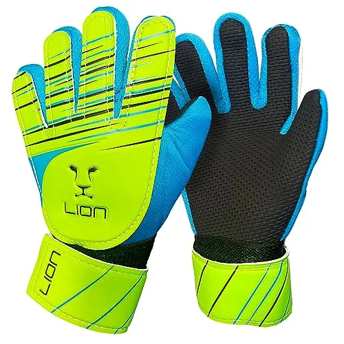 LION SPORTSWEAR Fußball-Torwarthandschuhe für Kinder – Jungen und Mädchen – mit geprägten Latex-Handflächen für Guten Halt – Größe 6 (unter 9–12 Jahren)