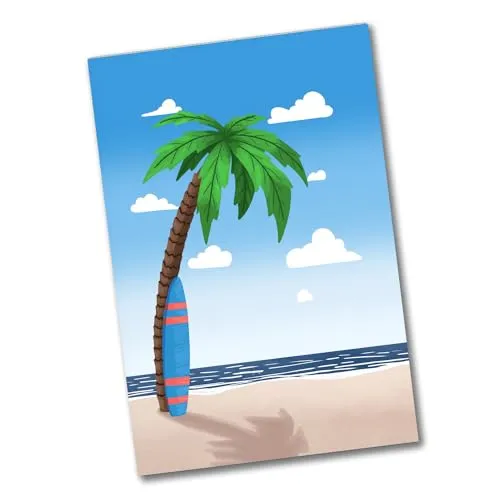 Palme am Strand mit Meer und Surfbrett Souvenir Magnet schöner Souvenir Magnet für den Kühlschrank von Surfern zum Befestigen von Fotos Postkarten oder Haushaltsplan