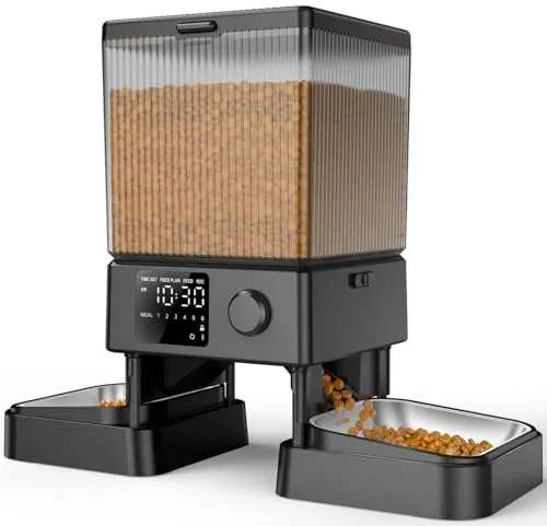 oneisall 5L Futterautomat Katze 2 Näpfe, Katzenfutter Automat mit einem Knopf, Einfache Bedienung, Futterspender für Katzen/Hunde, mit Edelstahlschüssel, Voice Recorder, für kleine/mittlere Haustiere