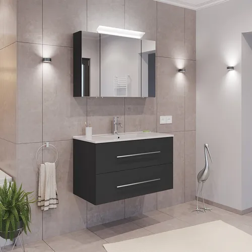 Lomadox Badezimmermöbel Set 2-teilig, 90cm Waschtisch mit LED Spiegel - Komplettprogramm für Badezimmer mit modernem Design in edlem Grau. Der Waschtisch bietet großzügigen Stauraum und das Softclose-System sorgt für leises Schließen der Schubladen.